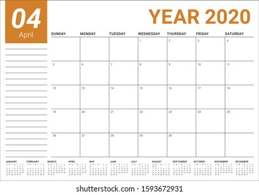 April 2020 desk calendar vector illustration, simple and clean design. 
