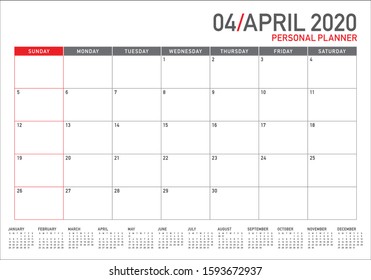 Abril 2020 ilustração vetorial do calendário da mesa, design simples e limpo. 
