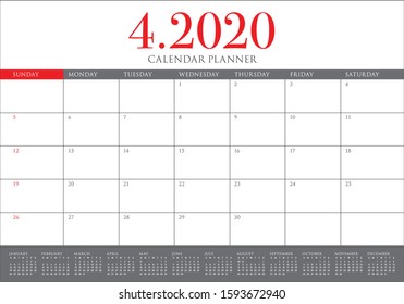 April 2020 desk calendar vector illustration, simple and clean design. 
