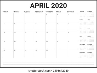 April 2020 desk calendar vector illustration, simple and clean design. 
