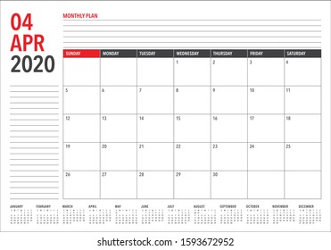 April 2020 desk calendar vector illustration, simple and clean design. 
