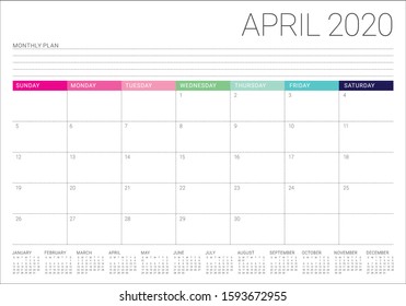 April 2020 desk calendar vector illustration, simple and clean design. 
