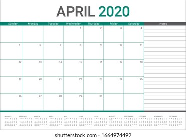 April 2020 desk calendar vector illustration, simple and clean design. 
