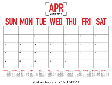 April 2020 desk calendar vector illustration, simple and clean design. 
