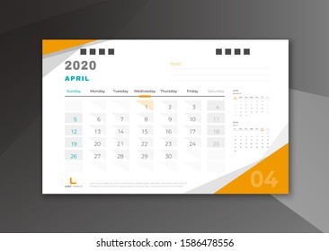 April 2020 desk calendar white and yellow theme weeks start from Sunday