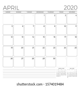 April 2020. Monthly calendar planner template. Minimalist style. Vector illustration. Week starts on Sunday