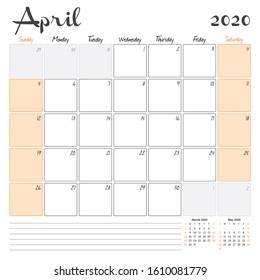 April 2020. Monthly calendar planner printable template. Vector illustration. Week starts on Sunday