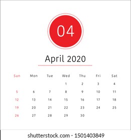 April 2020 monthly calendar vector illustration, simple and clean design. 
