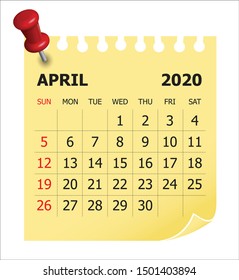 April 2020 monthly calendar vector illustration, simple and clean design. 
