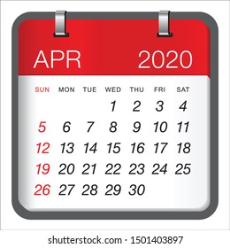 April 2020 monthly calendar vector illustration, simple and clean design. 

