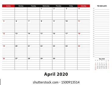 April 2020 Monthly Desk Pad Calendar week starts from sunday, size A3. April 2020 calendar planner with to-do list and place for notes.