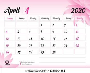 April 2020 Year Template, Calendar 2020 Vector, Desk Calendar Design, pink flower concept for cosmetics, beauty, spa, business; Week Start On Sunday, Planner, Stationery, Printing, 8 x 6 inch size