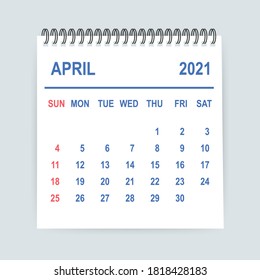 Calendario de abril de 2021. Calendario 2021 en estilo plano. Ilustración vectorial.