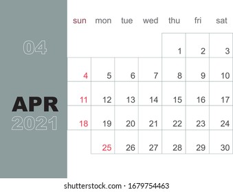 April 2021. Calendar planner design template. Week starts on Sunday. Stationery design. Vector Illustration
