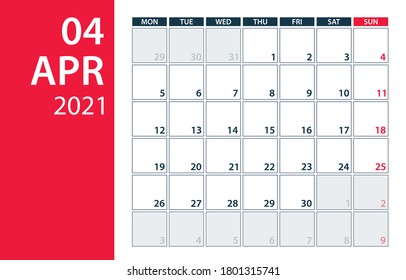 April 2021 Calendar Planner - vector illustration. Template. Mock up.