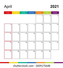 April 2021 colorful wall calendar, week starts on Sunday. 2021 Calendar template.