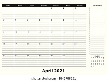 April 2021 Monthly Business Desk Pad Calendar. April 2021 calendar planner with to-do list and place for notes in black and white design.