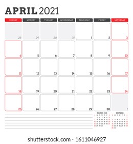 April 2021. Monthly calendar planner printable template. Vector illustration. Week starts on Sunday