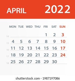 April 2022 Calendar Leaf - Vector Illustration. Week starts on Monday