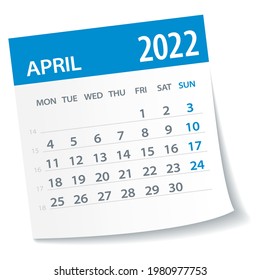 April 2022 Calendar Leaf. Week Starts on Monday. Vector Illustration