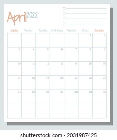 April 2022 Calendar Month Planner With To Do List, Week Starts On Sunday, Template, Mock Up Calendar Leaf Illustration. Vector Graphic Page