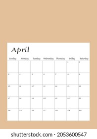 April 2022. Calendar planner design template. Week starts on Sunday. Stationery design. Vector Illustration