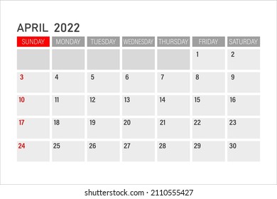 April 2022. April 2022 calendar. Vector illustration.