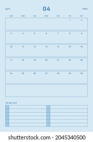 April 2022 colorful cute graphic design digital and printable calendar template illustration. Notes, scheduler, diary, calendar, memo, planner document template background.
