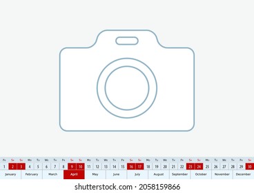 April 2022 for desk calendar, one line vector template calendar in English.