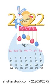 April 2022. Easter vertical calendar. Cute Bunny. Design funny character on white background with numbers and place for text. Week starts on Sunday. Vector illustration.