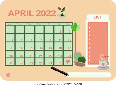 April 2022 empty calendar and to do list vector illustration art. Empty copy space. Simple flat design of new year's April calendar book for meetings, special days, deadlines. 4 or four months passed.