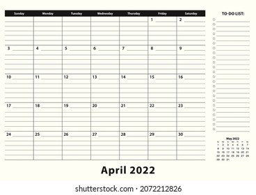 April 2022 Monthly Business Desk Pad Calendar. April 2022 calendar planner with to-do list and place for notes in black and white design.