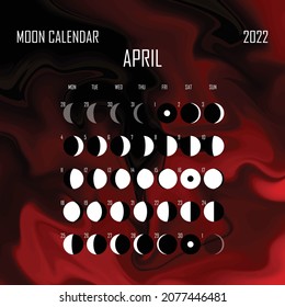 April 2022 Moon calendar. Astrological calendar design. planner. Place for stickers. Month cycle planner mockup. Isolated black and white background.