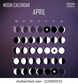 April 2022 Moon calendar. Astrological calendar design. planner. Place for stickers. Month cycle planner mockup. Isolated black and white background.