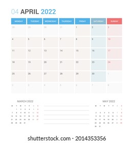 April 2022 Planner Calendar Week starts on Monday. Simple and clean calendar design planner template vector.