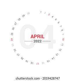 Calendario del Círculo del Planificador de Abril de 2022. Sábado y domingo de fin de semana. Diseño vectorial de plantilla de calendario de planificador único simple.