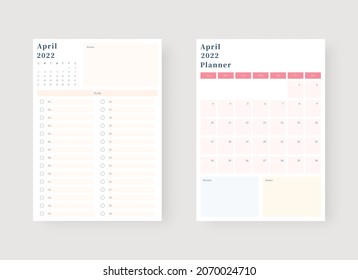 April 2022 planner template set. Set of planner and to do list. Monthly, weekly, daily planner template. Vector illustration.