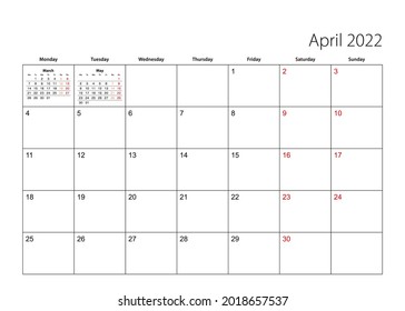 April 2022 simple calendar planner, week starts from Monday. Vector calendar planner.