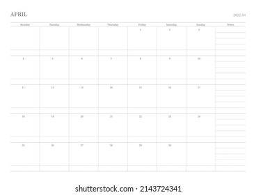 April 2022 simple design digital and printable calendar template illustration. Notes, scheduler, diary, calendar, memo, planner document template background. 