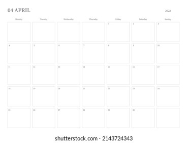 April 2022 einfache Design digital und druckbar Kalendervorlage Illustration. Hinweise, Planer, Tagebuch, Kalender, Memo, Planer-Dokumentvorlagenhintergrund. 