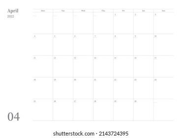 April 2022 simple design digital and printable calendar template illustration. Notes, scheduler, diary, calendar, memo, planner document template background. 