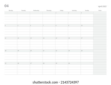 Ilustración de plantilla de calendario digital e imprimible de diseño sencillo en abril de 2022. Notas, programador, diario, calendario, nota, fondo de plantilla de documento del planificador. 