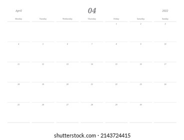 April 2022 einfache Design digital und druckbar Kalendervorlage Illustration. Hinweise, Planer, Tagebuch, Kalender, Memo, Planer-Dokumentvorlagenhintergrund. 