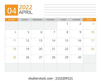 April 2022 template, Calendar planner 2022, week start on Monday,  Desk calendar 2022 year, simple and clean design, Wall calendar design, Corporate design planner template, print media vector