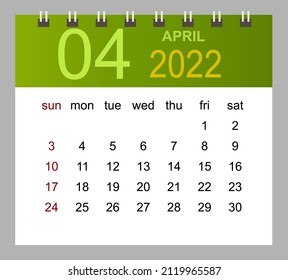 April 2022. Vector monthly calendar template 2022 year in simple style for template design. Week starts from Sunday.