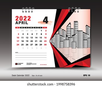 April 2022 year, Desk calendar 2022 template, Printable, Planner, Wall calendar design, Week starts on Sunday, Stationery design, Printing media, advertisement, vector illustration