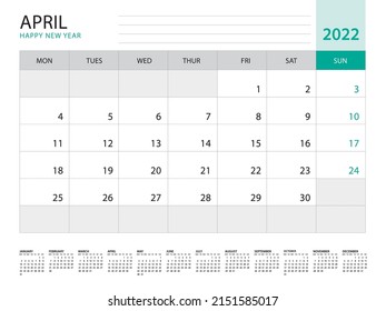 April 2022-Calendar 2022 template vector on green background, week start on monday, Desk calendar 2022 year, Wall calendar design, corporate planner template, Stationery, organizer diary, vector