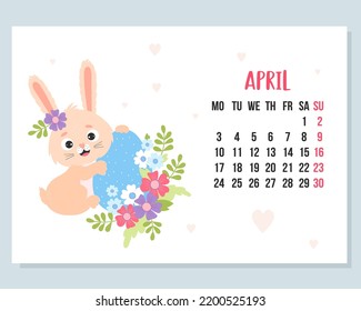 April 2023 calendar. Cute easter bunny with easter egg and flowers. Vector illustration. horizontal Template. Week from Monday In English. rabbit is symbol 2023 year to Chinese zodiac