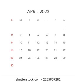 April 2023 calendar in minimalist style. Vector EPS10