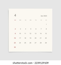April 2023 calendar page on white background. Calendar background for reminder, business planning, appointment meeting and event. Week starts from Sunday. Vector illustration.